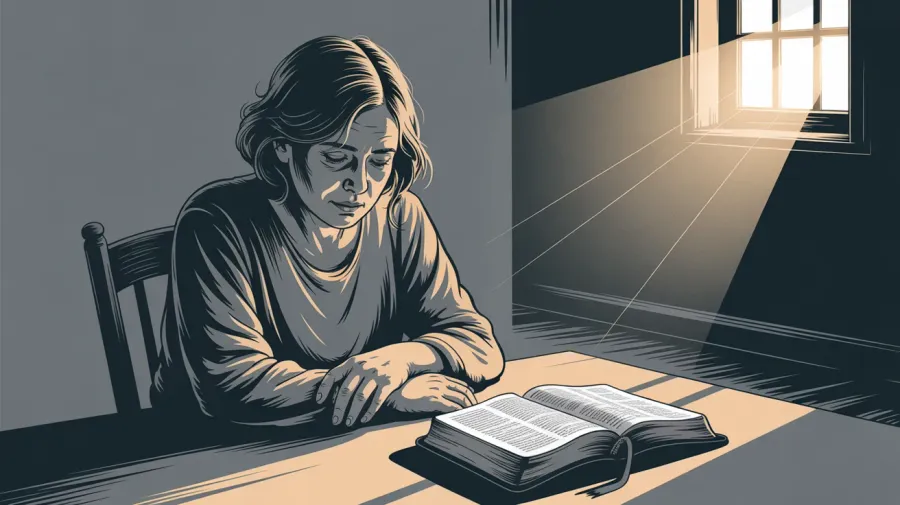 Mulher sentada com Bíblia fechada sobre o colo em silêncio contemplativo ao lado de uma janela, ilustrando a apatia espiritual e o acolhimento da Psicóloga Eliza Chagas.