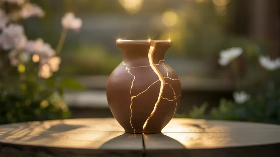 Vaso de cerâmica artesanal rústico com rachaduras iluminadas por luz dourada ao lado de mulher serena, representando a autoestima cristã e o acolhimento da Psicóloga Eliza Chagas.