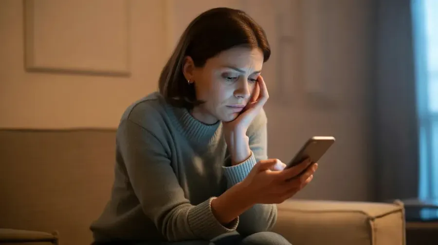 Mulher triste olhando ansiosamente para o celular, representando os sintomas da dependência emocional