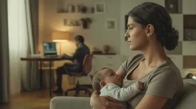 Mãe exausta segurando bebê no colo enquanto olha pensativa pela janela em apartamento no exterior, representando a exaustão materna acolhida pela Psicóloga Eliza Chagas.