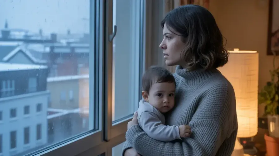 Mãe brasileira expatriada com expressão de cansaço cuidando do filho em ambiente de inverno, representando o isolamento