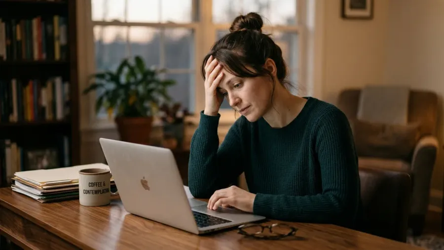 Mulher profissional em home office apoiando a cabeça na mão em expressão de cansaço reflexivo, representando a Síndrome da Mulher Maravilha e o Burnout feminino - Psicóloga Eliza Chagas.