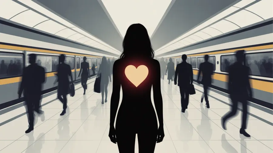 Mulher brasileira caminhando sozinha por uma rua europeia de pedras no outono, com casaco longo, ilustrando a solidão no exterior acolhida pela Psicóloga Eliza Chagas.
